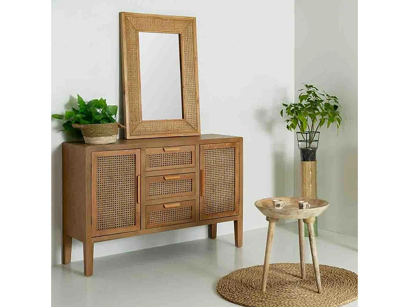 Wandspiegel aus Holz und braunem Netz, 60 x 04 x 90 cm