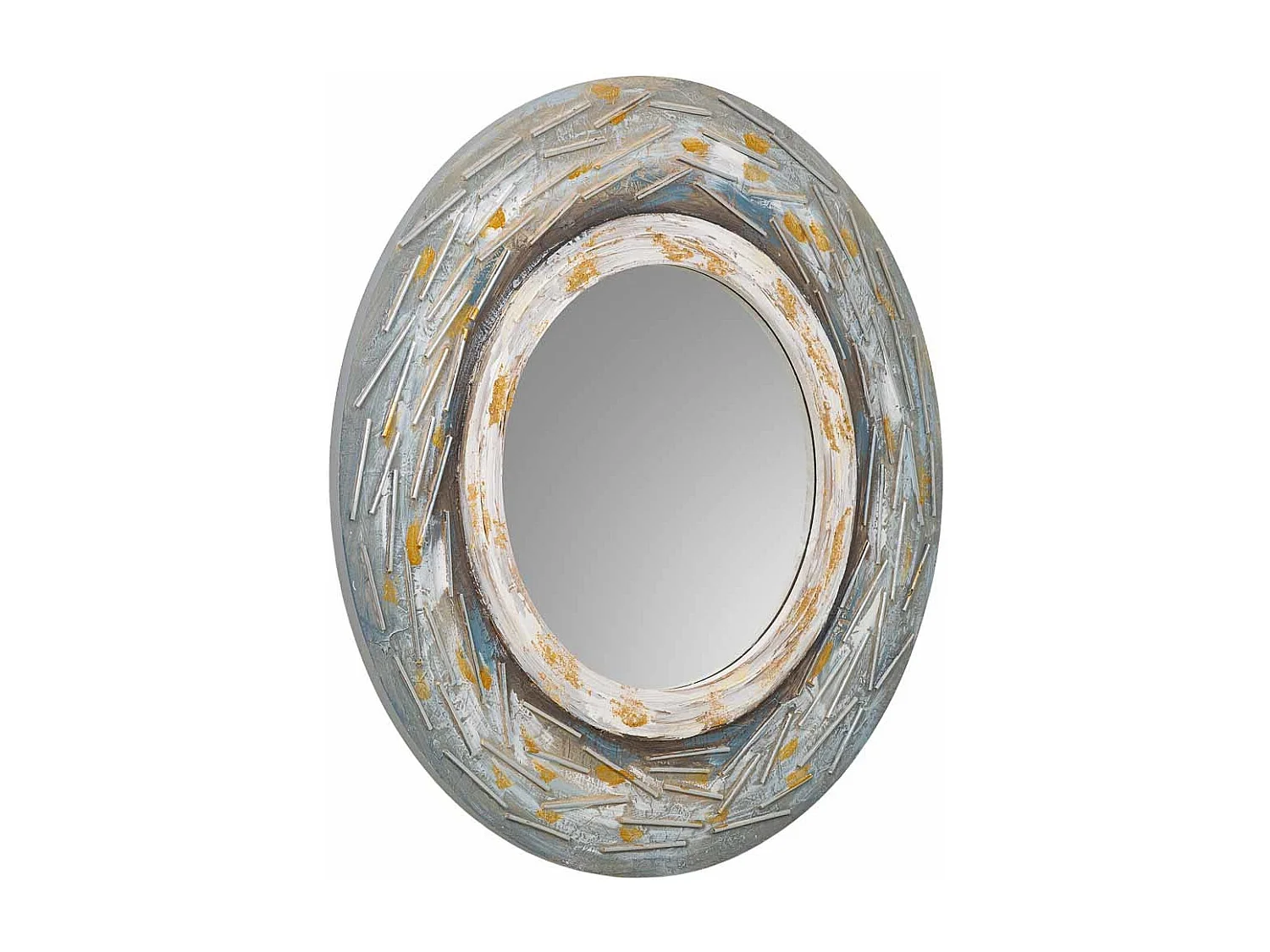 Runder Holzspiegel mit blauem Relief, T90x2h cm