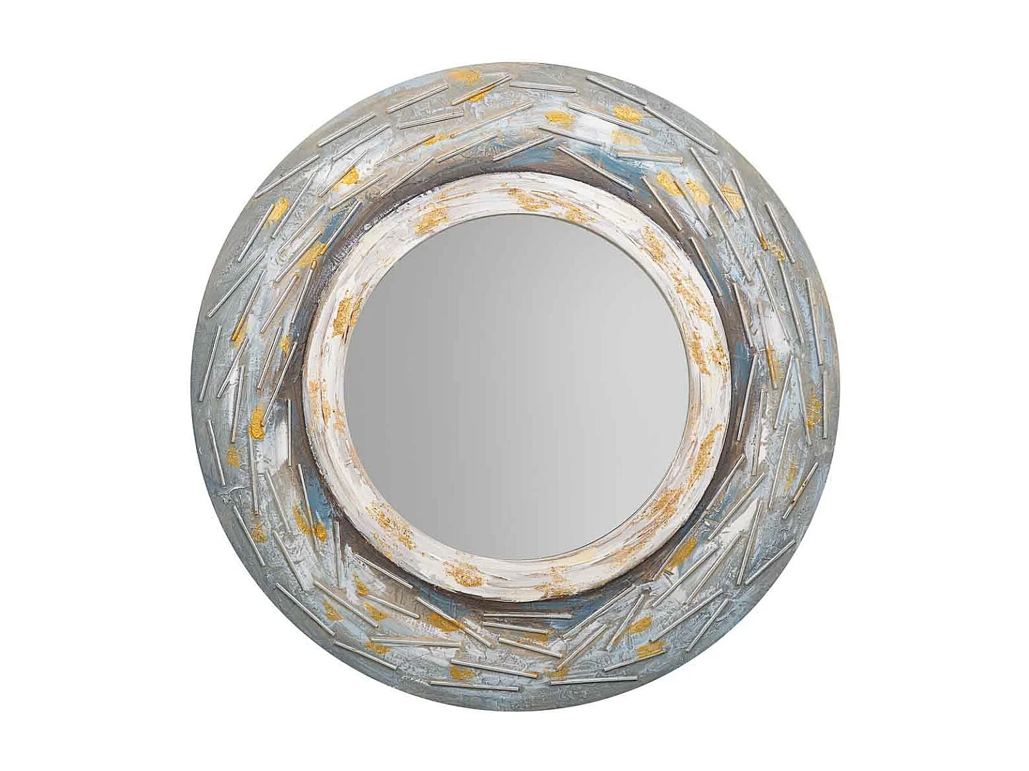 Runder Holzspiegel mit blauem Relief, T90x2h cm