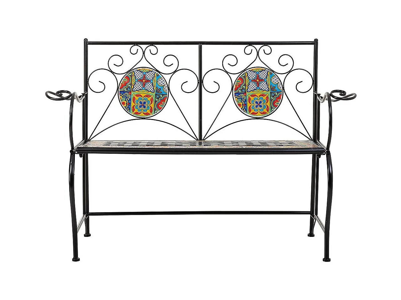 Sgabello in mosaico nero e ferro battuto 110x50x88h