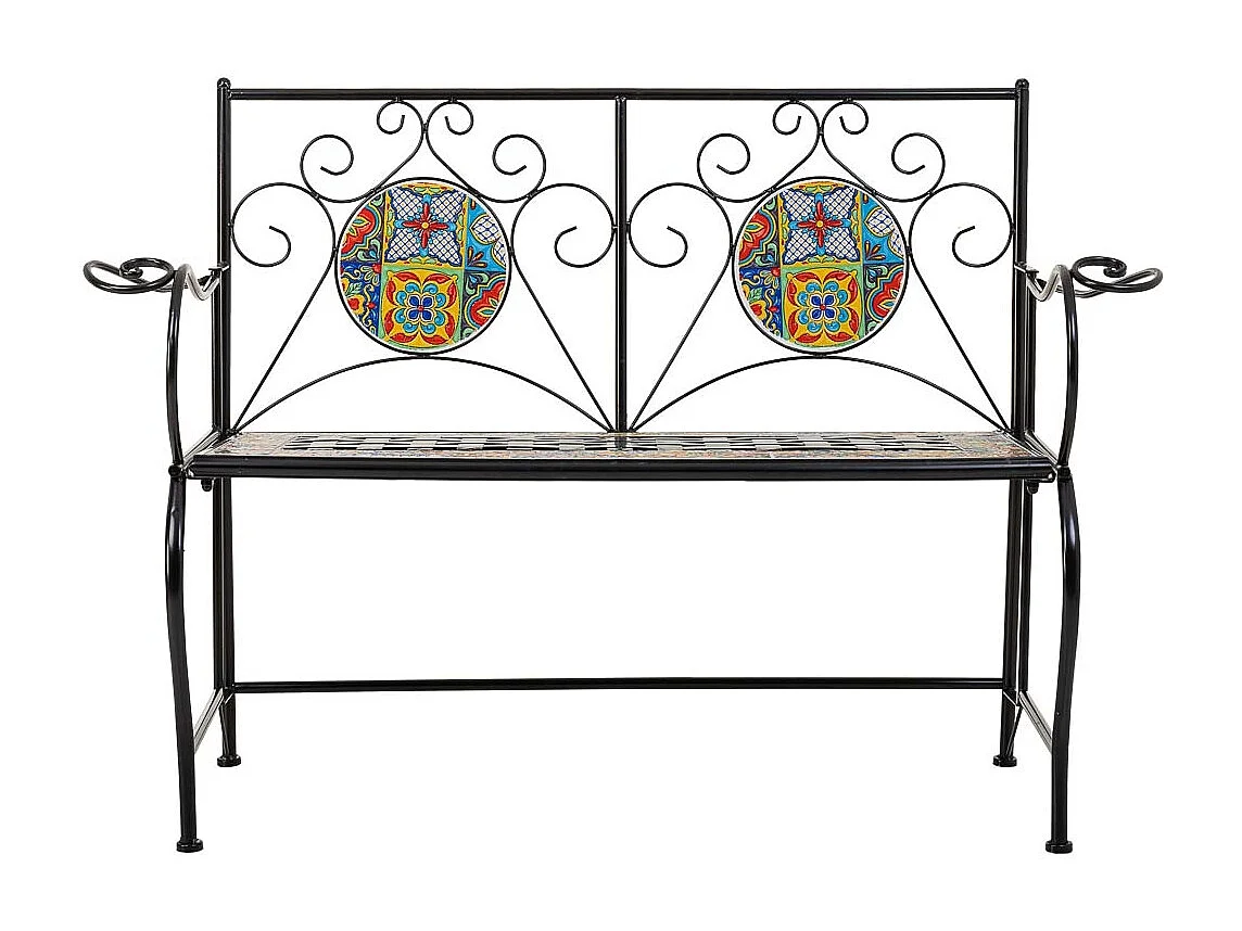 Sgabello in mosaico nero e ferro battuto 110x50x88h