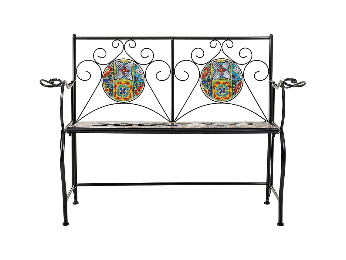 Banc en mosaïque et fer forgé noir 110x50x88h
