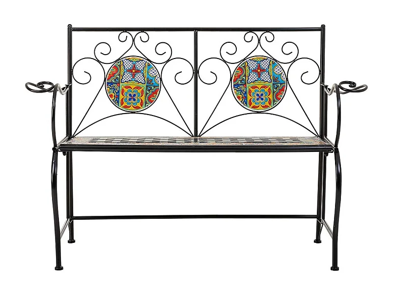 Sgabello in mosaico nero e ferro battuto 110x50x88h