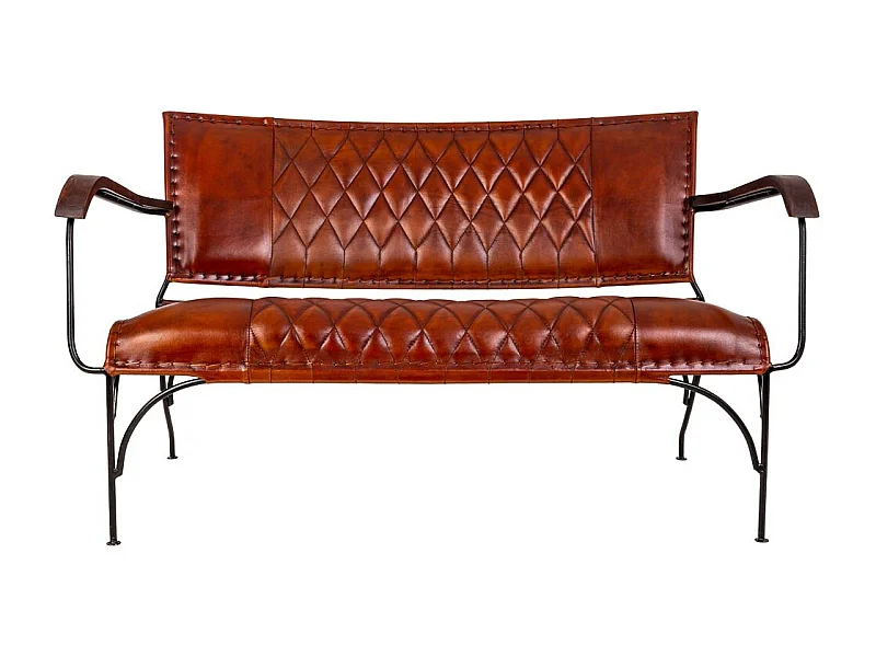 Bank aus Metall und braunem Leder, 127 x 71 x 76 h cm