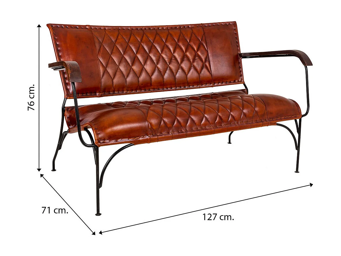 Bank aus Metall und braunem Leder, 127 x 71 x 76 h cm