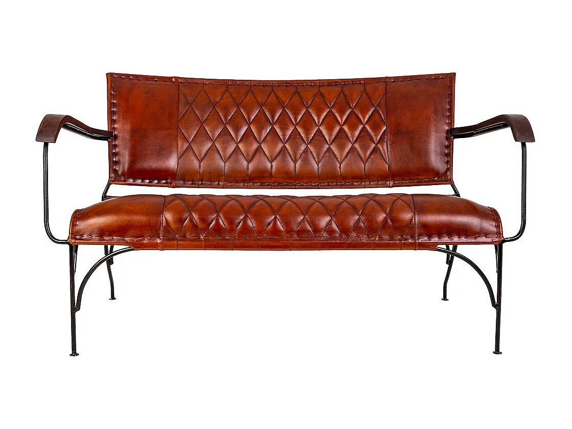 Bank aus Metall und braunem Leder, 127 x 71 x 76 h cm