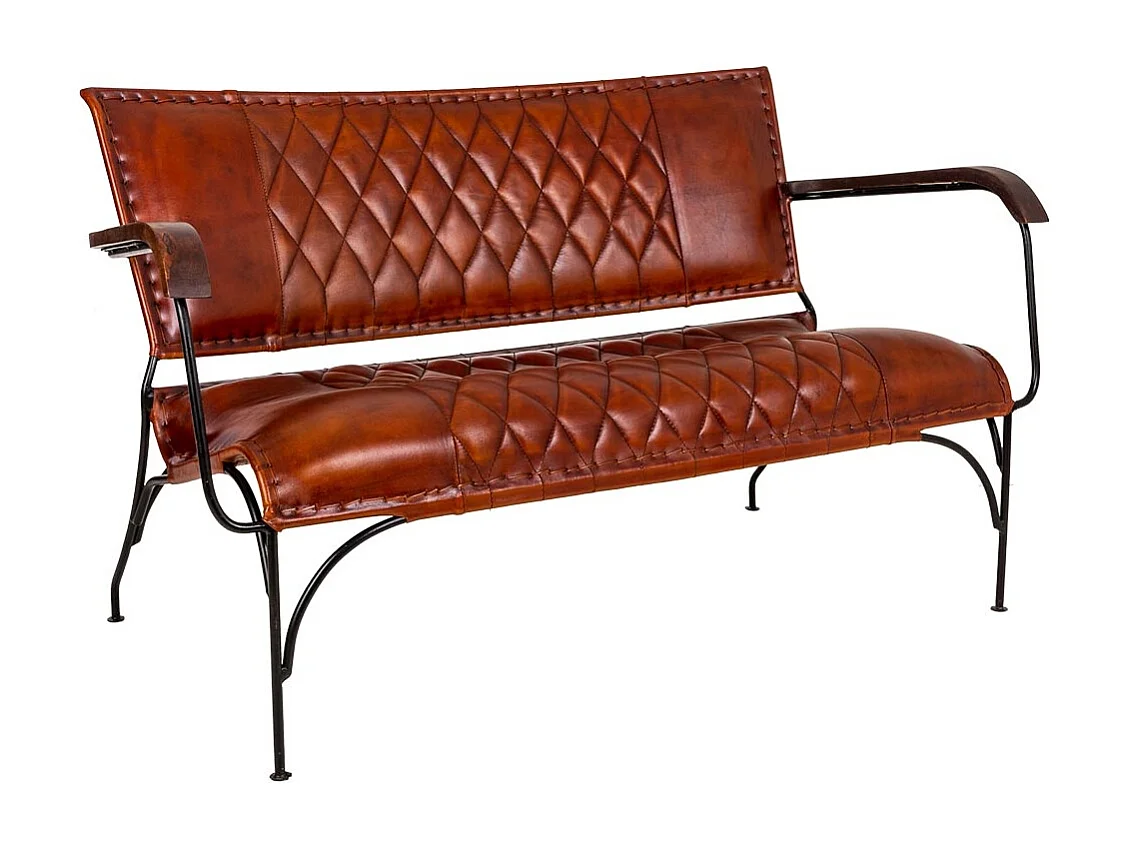 Bank aus Metall und braunem Leder, 127 x 71 x 76 h cm