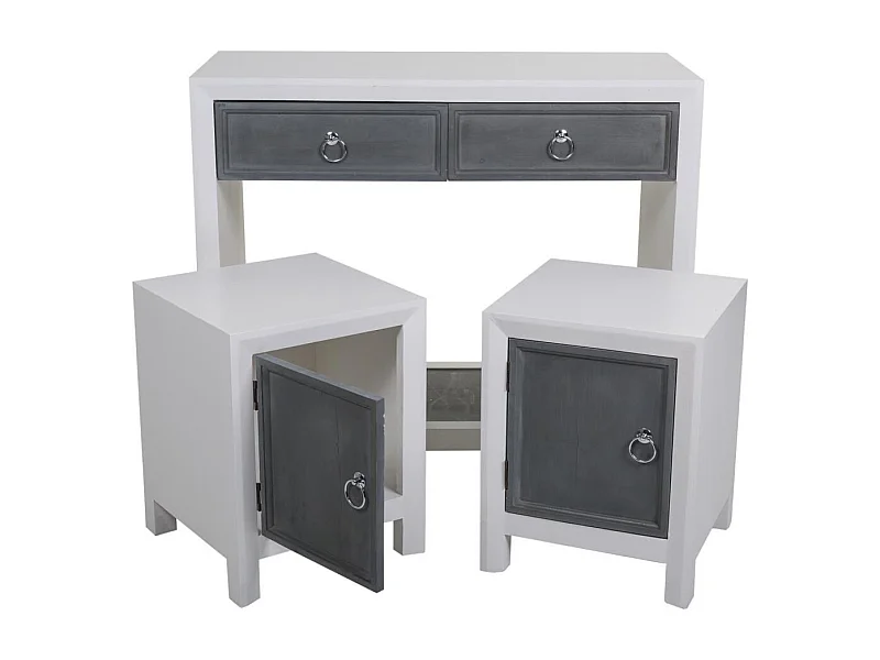 Haltafel en twee houten krukken in witte en grijze lak, 3-delige set met unieke stijl en comfort