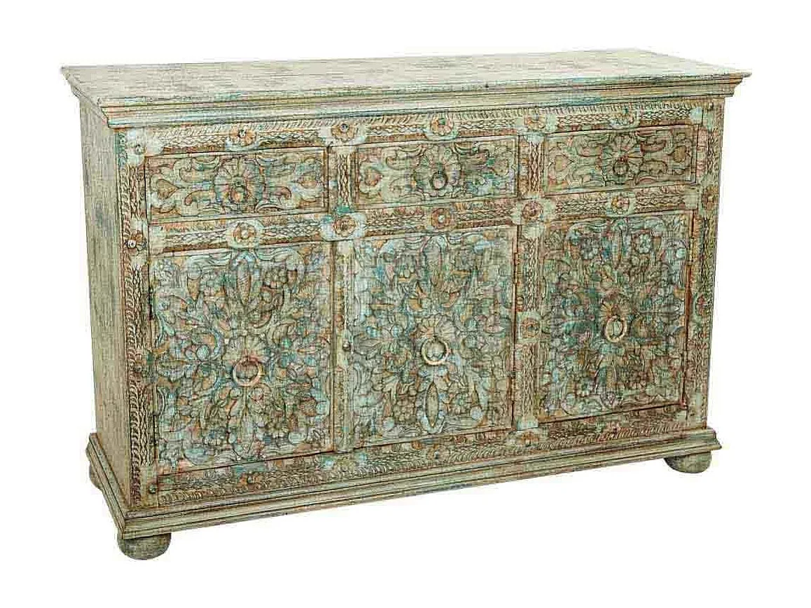 Aparador de madera tallada verde 147x45x96