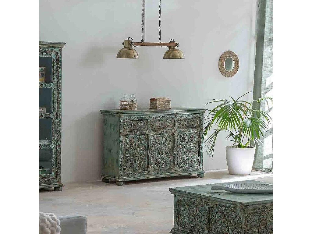 Credenza in legno intagliato verde 147x45x96h