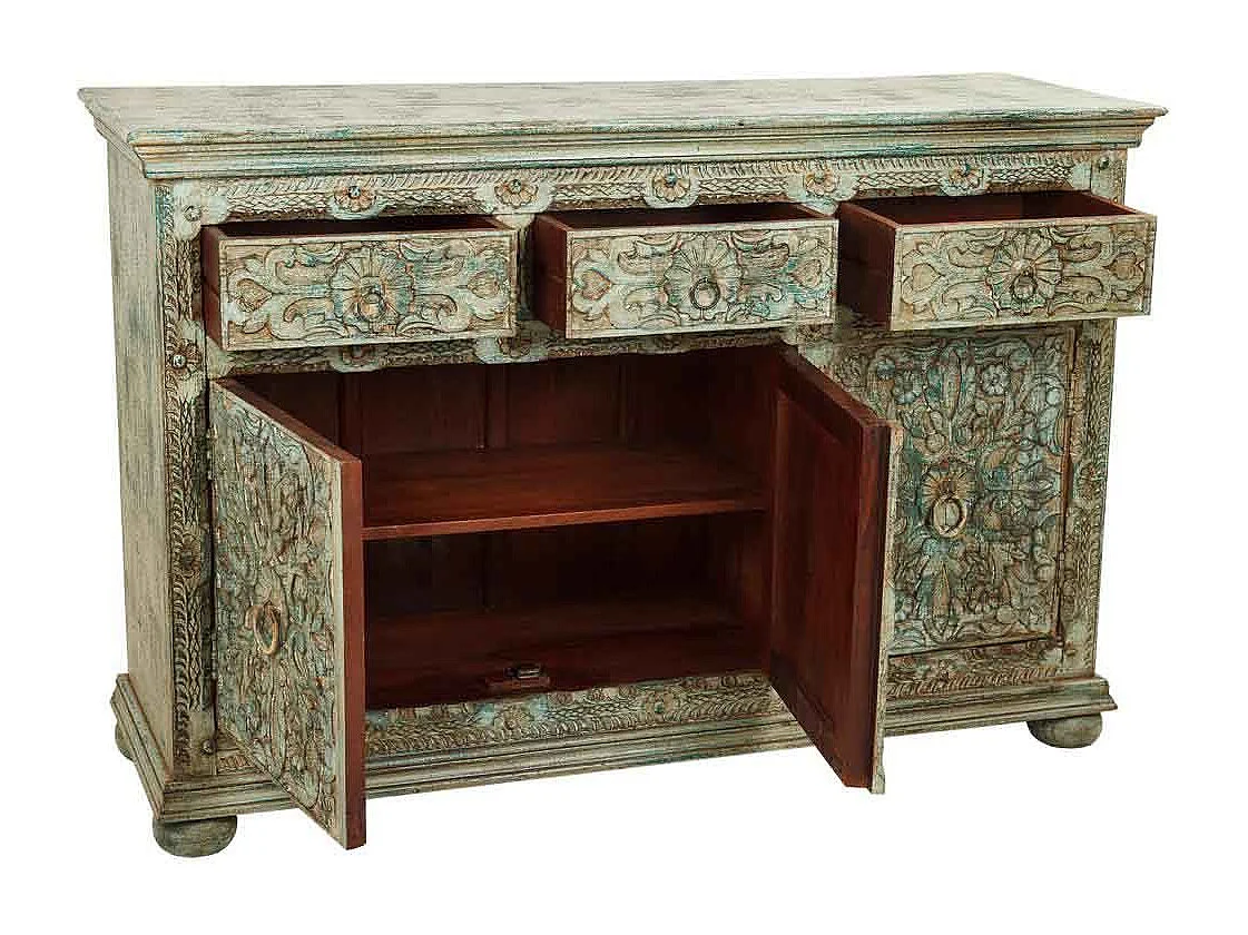 Credenza in legno intagliato verde 147x45x96h