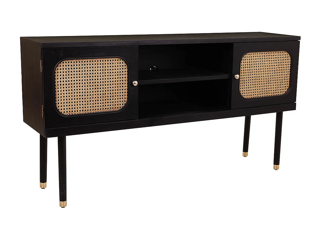 Credenza in legno e rete di bambù con due ante nere 152,5x38x81h