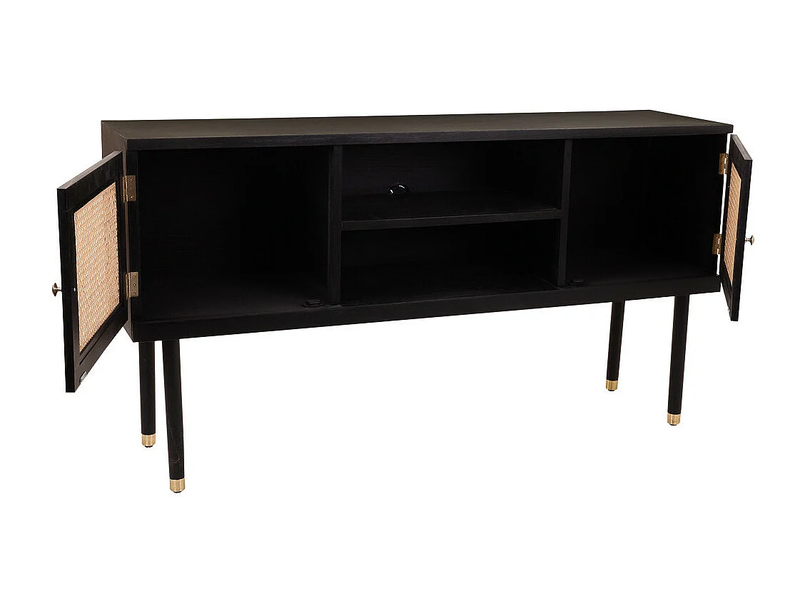 Credenza in legno e rete di bambù con due ante nere 152,5x38x81h