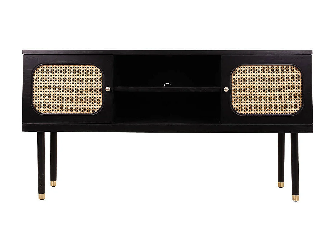 Credenza in legno e rete di bambù con due ante nere 152,5x38x81h