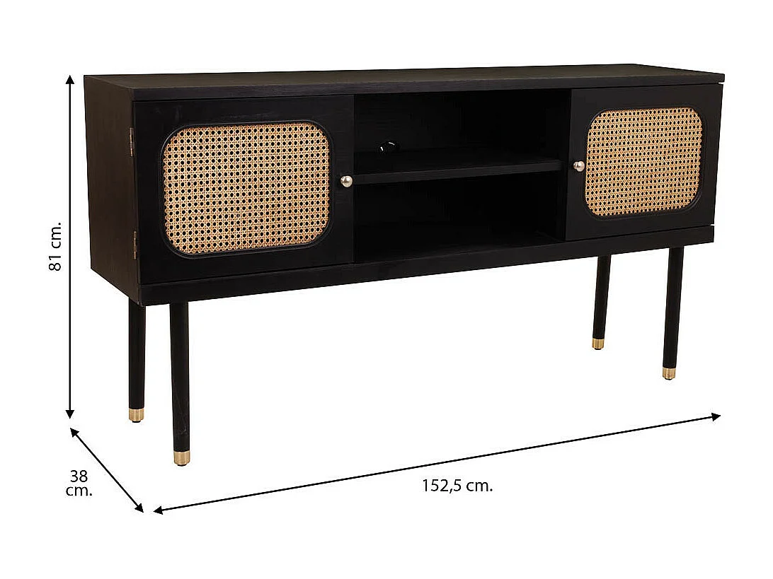 Credenza in legno e rete di bambù con due ante nere 152,5x38x81h