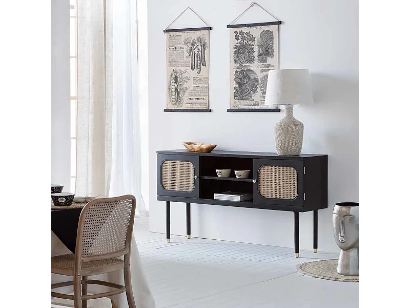 Credenza in legno e rete di bambù con due ante nere 152,5x38x81h