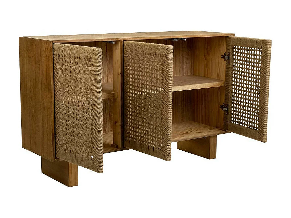 Credenza in legno e corda intrecciata marrone 120x36x75h