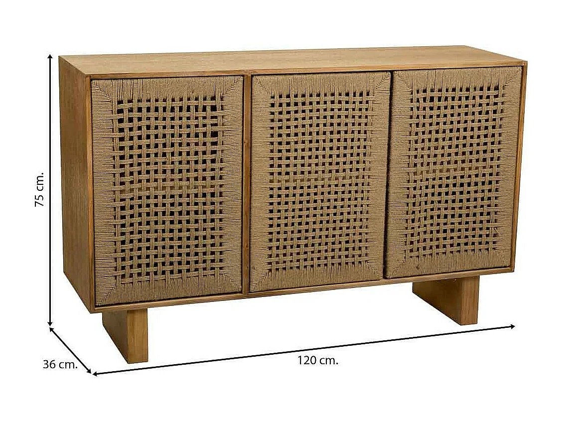 Credenza in legno e corda intrecciata marrone 120x36x75h