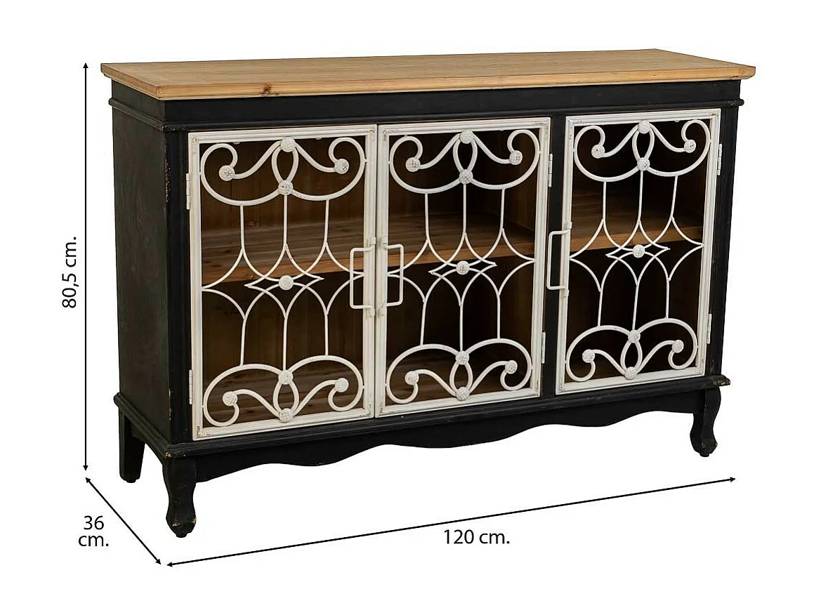 Aparador de madeira e metal preto 120x36x80,5