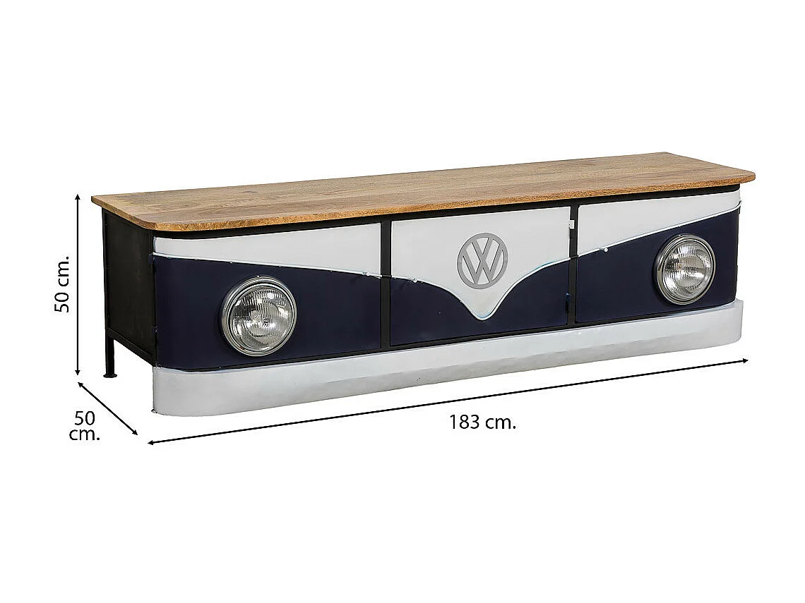 Aparador furgoneta de madera y metal azul 183x50x50