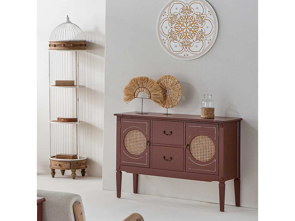 Credenza in legno marrone e rattan 106x40x78h