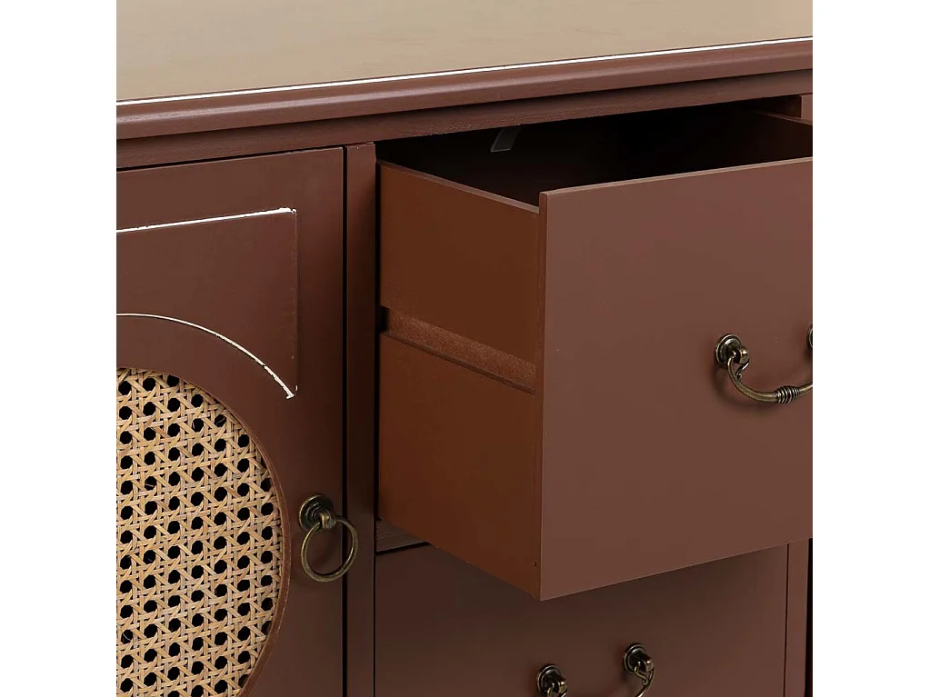 Credenza in legno marrone e rattan 106x40x78h