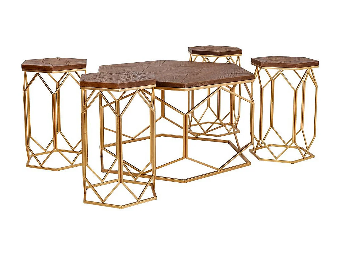 Goldenes Metall-Couchtisch- und 4-Hocker-Set