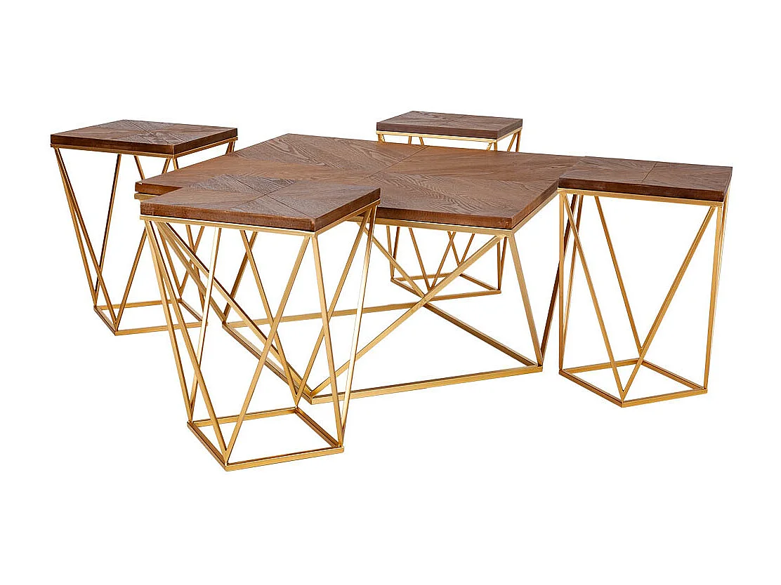 Conjunto mesa de centro e 4 bancos em metal dourado