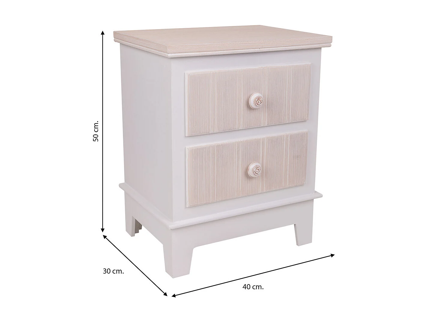 Mesa de cabeceira de madeira branca com 2 gavetas 40x30x50