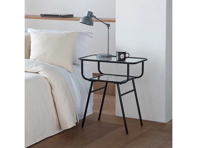 Mesa de cabeceira em metal e vidro com 1 prateleira cinza 60x35x65,5