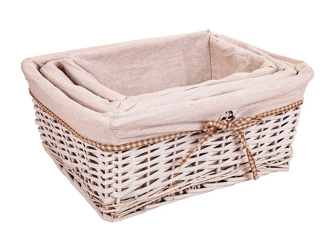 Set mit 3 weiß gefütterten Weidenkörben