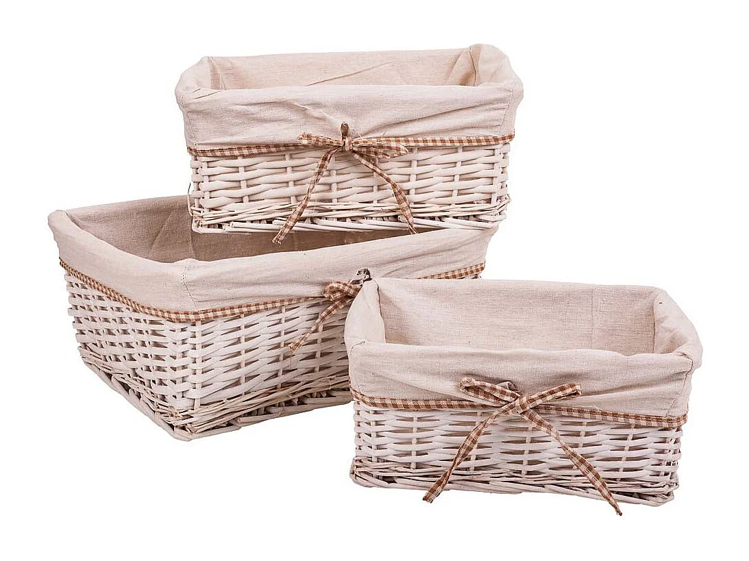 Set di 3 cestini in vimini foderati di bianco