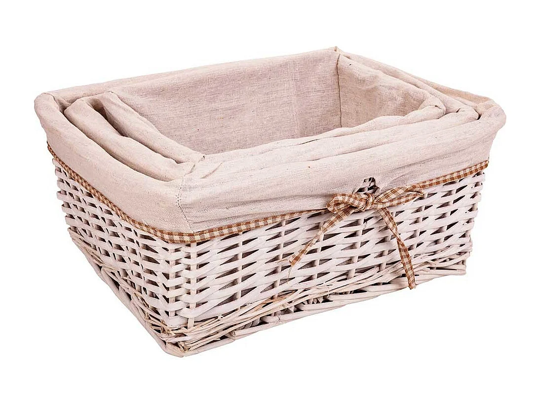 Set di 3 cestini in vimini foderati di bianco