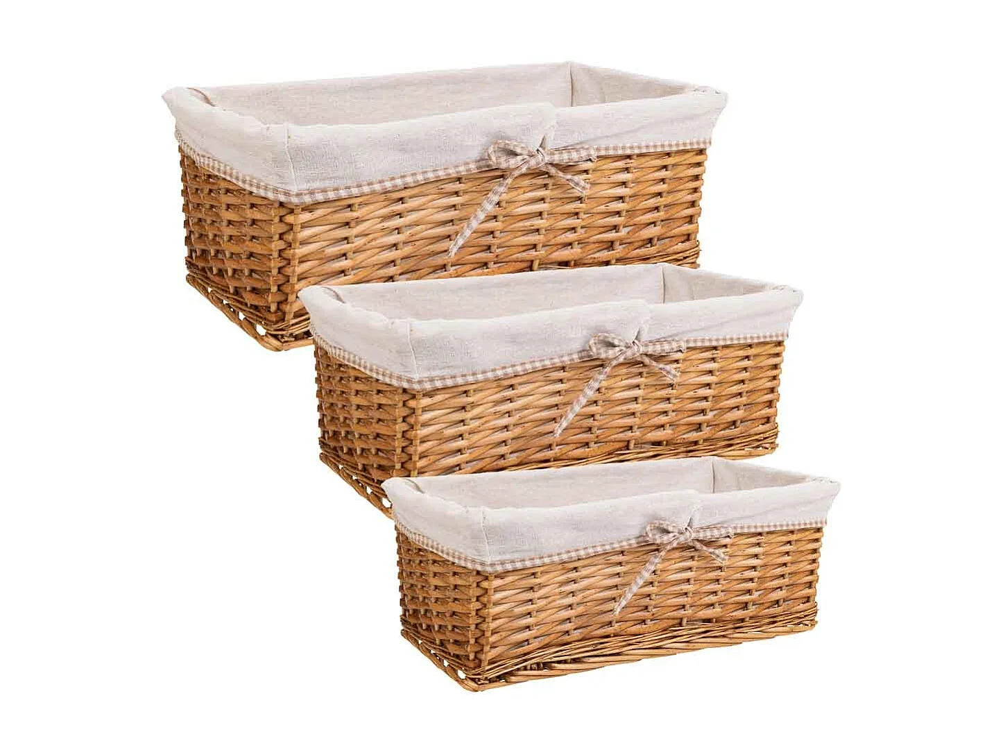 Set mit 3 braun gefütterten Weidenkörben