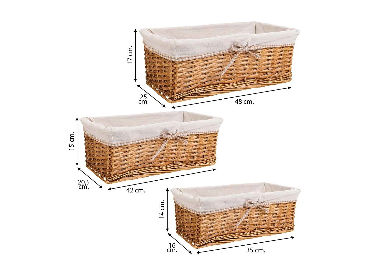 Set mit 3 braun gefütterten Weidenkörben