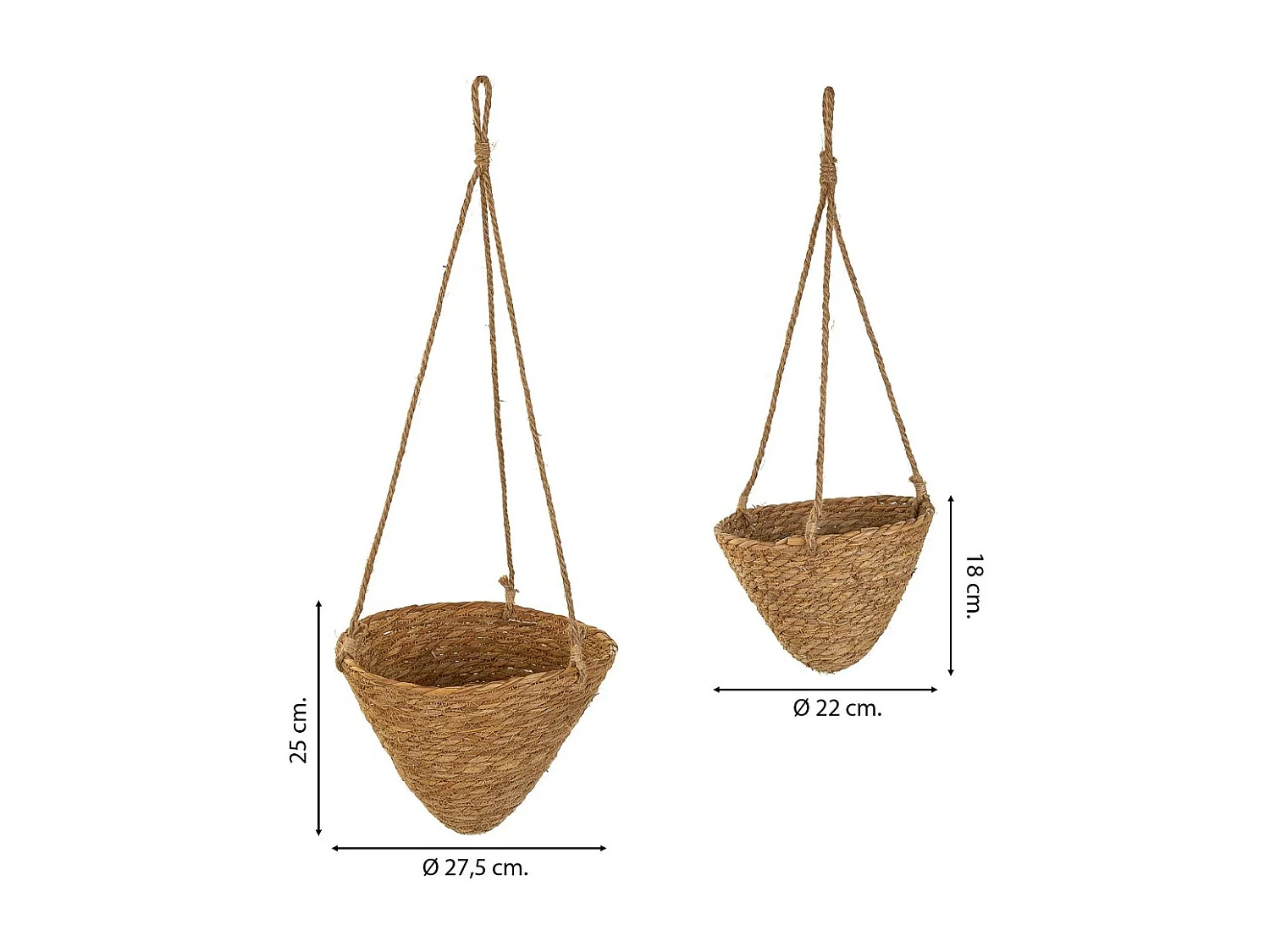 Cestos suspensos de fibra natural marrom d27.5x25h-d22x18