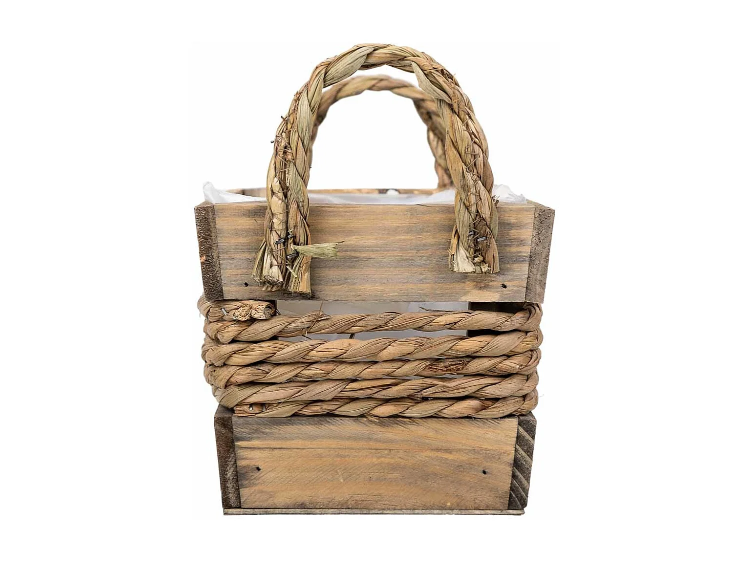 Cesto de madera y cuerda con asas marrón 25x15x13