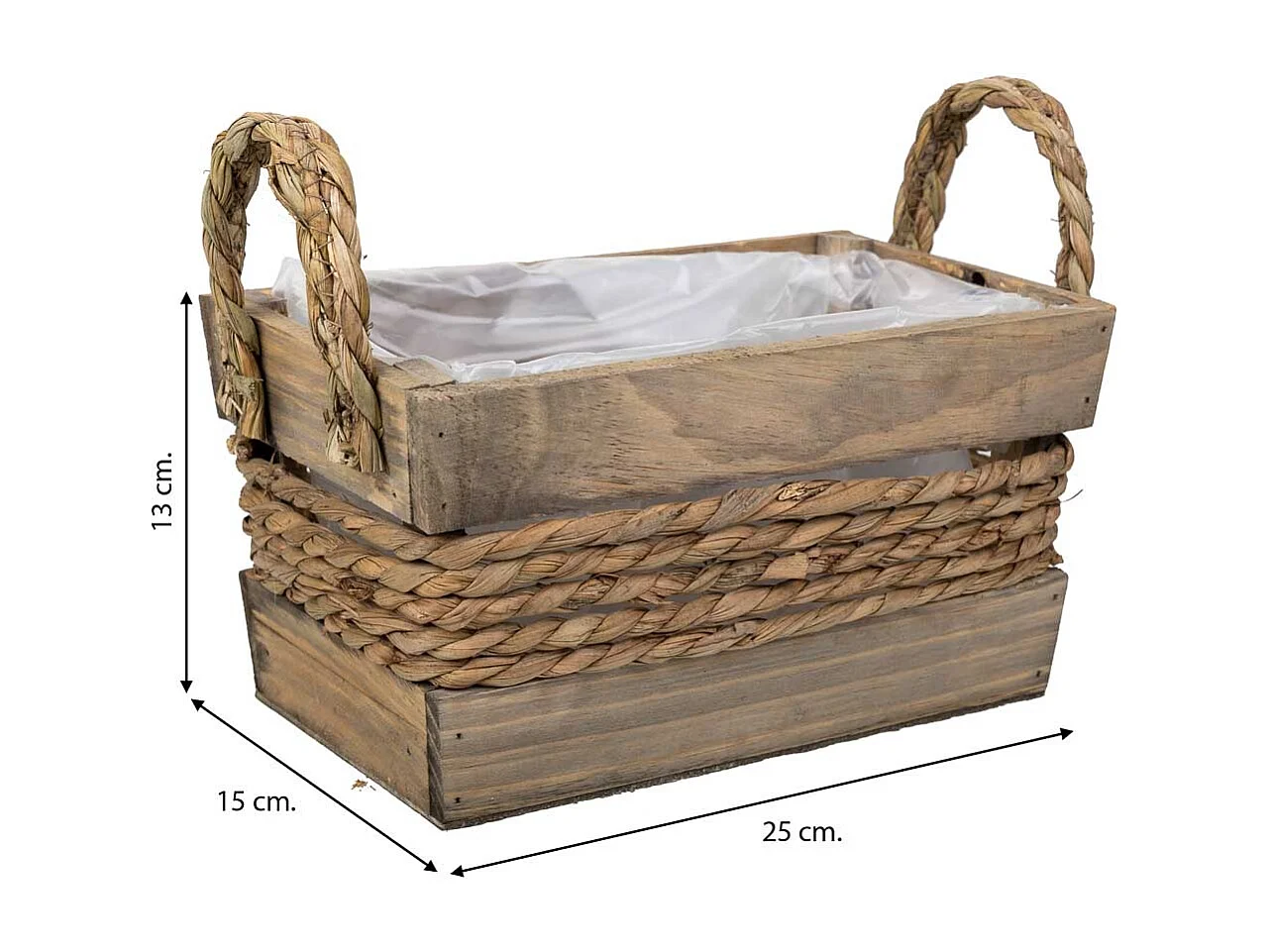 Cesto de madera y cuerda con asas marrón 25x15x13