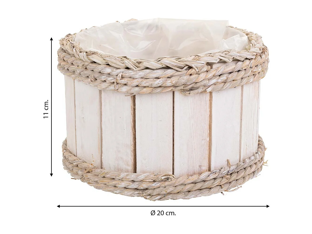 Cesto in legno e corda bianco d20x12/21h