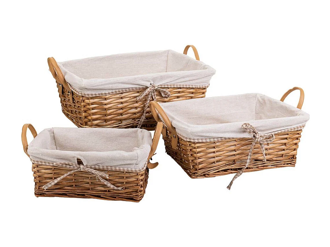 Set mit 3 braun gefütterten Weidenkörben