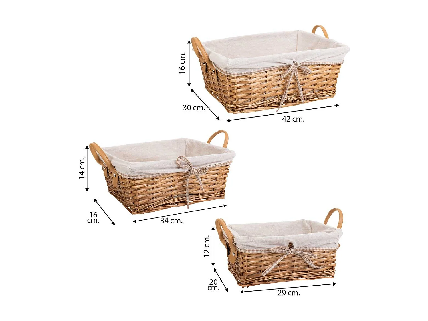 Conjunto de 3 cestos de vime forrados em castanho