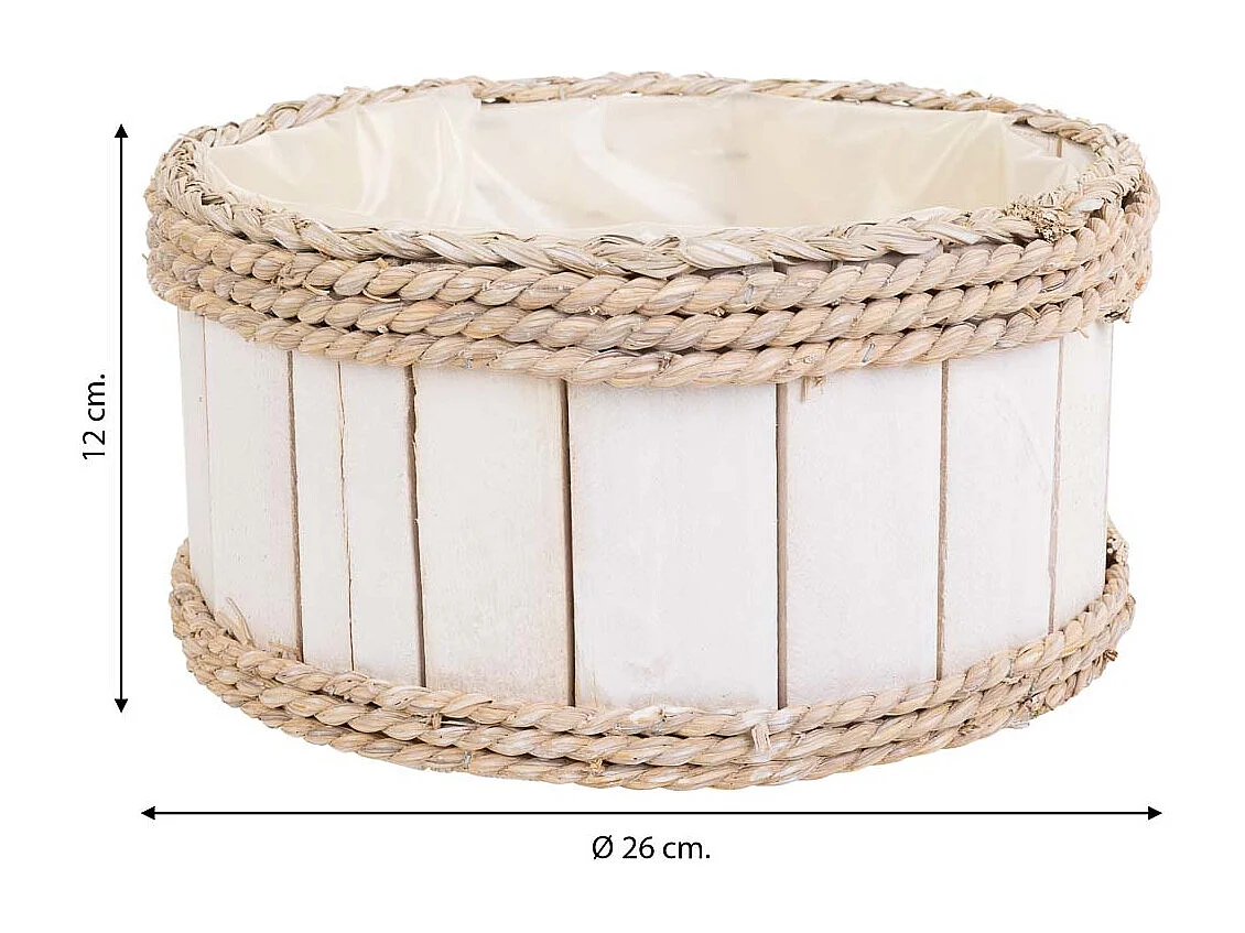 Korb aus weißem Holz und Seil, D25x13/24h cm