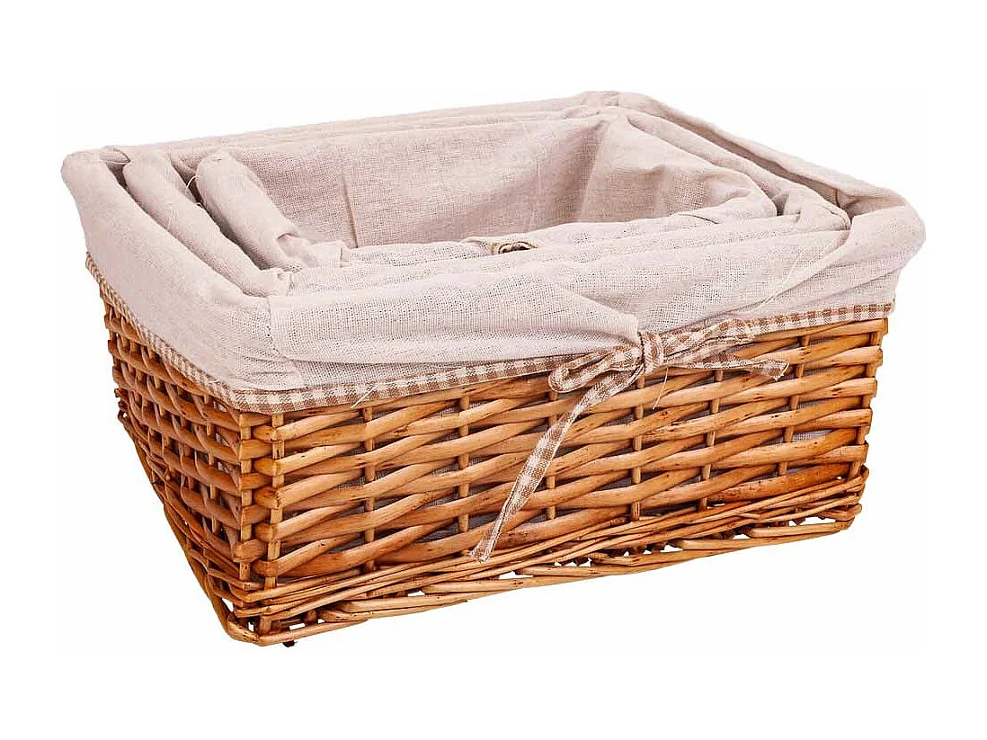 Set mit 3 braun gefütterten Weidenkörben