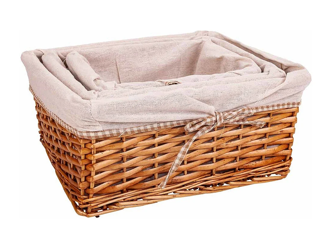 Set mit 3 braun gefütterten Weidenkörben