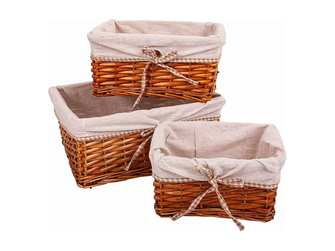 Set mit 3 braun gefütterten Weidenkörben