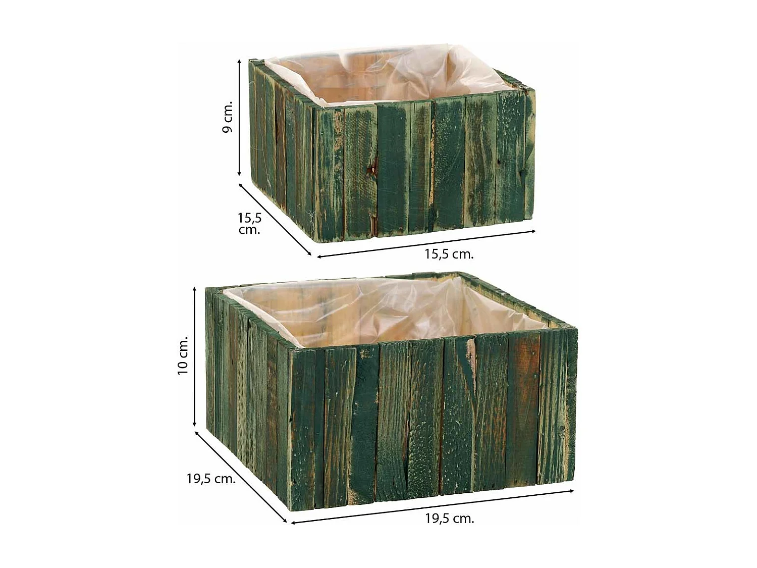 Set mit 2 grünen quadratischen Holzkörben