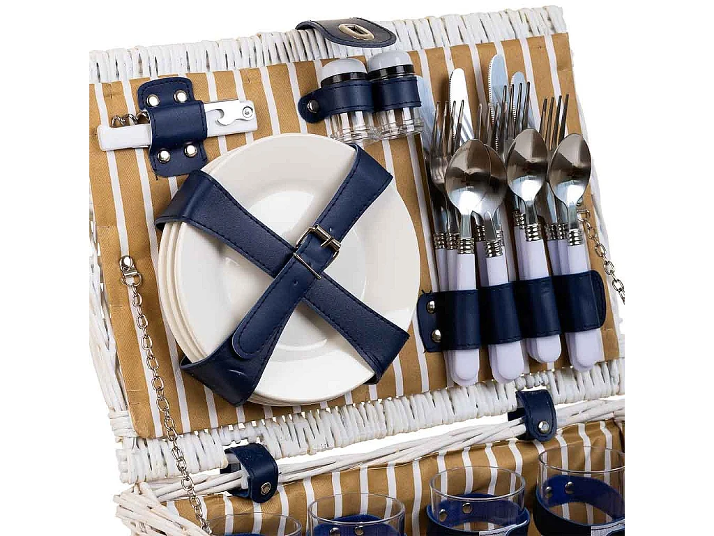 Cesta de piquenique branca e azul 40x28x19