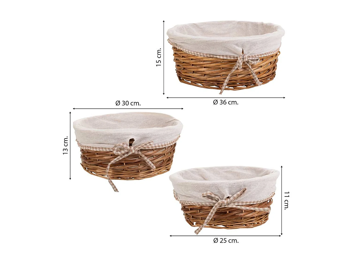 Set di 3 cestini in vimini foderati marroni