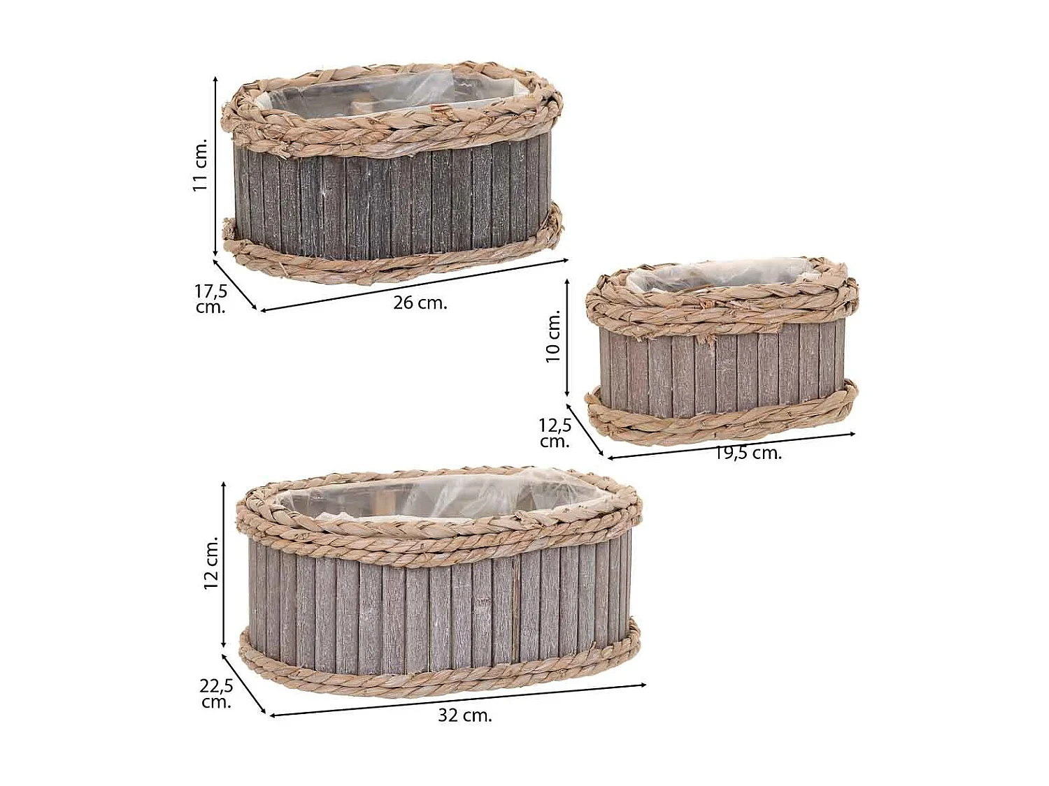 Set 3 Cestos ovalados de madera grises