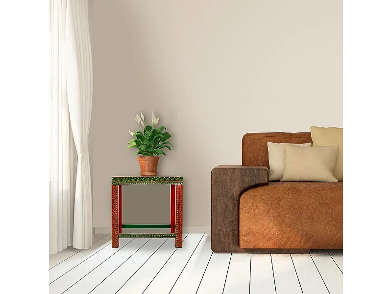 Tavolo artigianale in legno verniciato verde/rosso 45x29,5x45 h